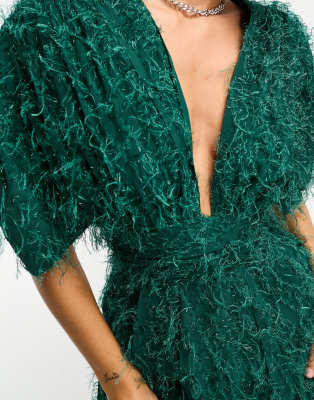 ASOS DESIGN fluffy plunge jumpsuit in green metallic | ASOS