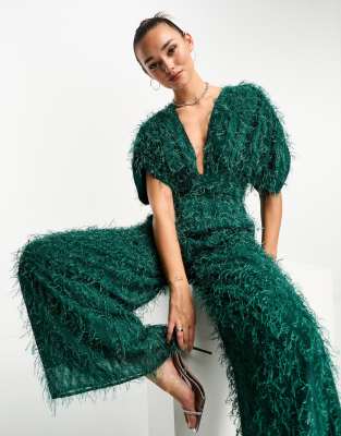 ASOS DESIGN fluffy plunge jumpsuit in green metallic | ASOS