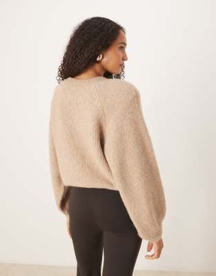 Asos Design Fluffy Raglan Blouson Sleeve Sweater In Neutral