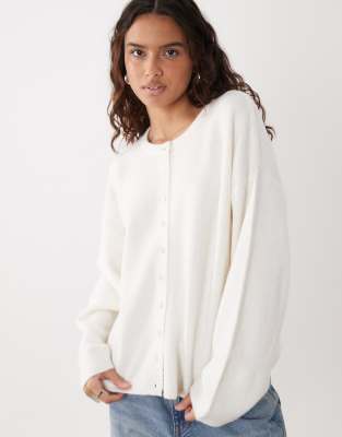 Asos Design Fluffy Relaxed Crew Neck Cardigan In White