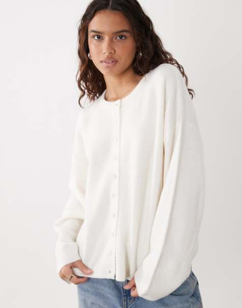 ASOS DESIGN fluffy relaxed crew neck cardigan in cream - view 1