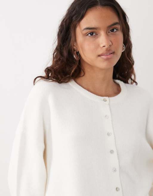 ASOS DESIGN fluffy relaxed crew neck cardigan in cream, 4 of 4