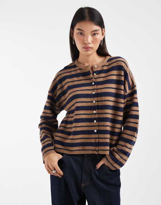 ASOS DESIGN fluffy relaxed crew neck cardigan in navy and camel stripe, 2 of 4