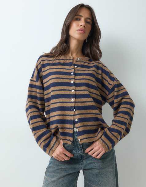 ASOS DESIGN fluffy relaxed crew neck cardigan in navy and camel stripes - view 1