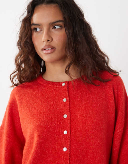 ASOS DESIGN fluffy relaxed crew neck cardigan in red, 3 of 4