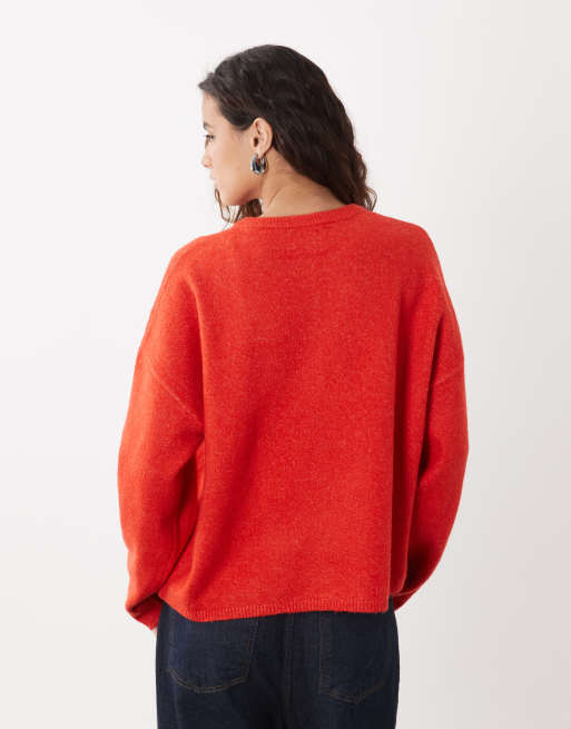 ASOS DESIGN fluffy relaxed crew neck cardigan in red, 4 of 4