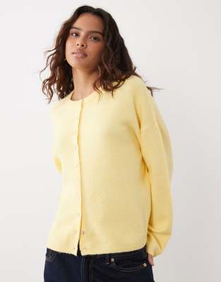 Asos Design Fluffy Relaxed Crew Neck Cardigan In Yellow