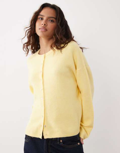 ASOS DESIGN fluffy relaxed crew neck cardigan in yellow - view 1