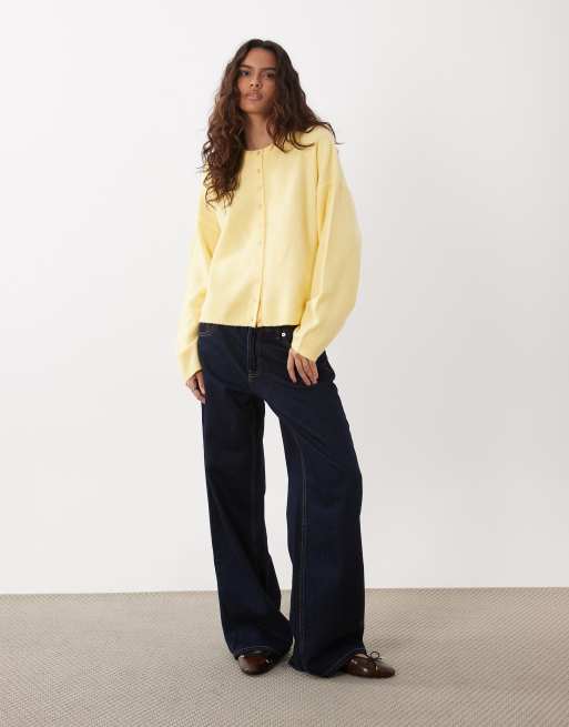 ASOS DESIGN fluffy relaxed crew neck cardigan in yellow, 2 of 4