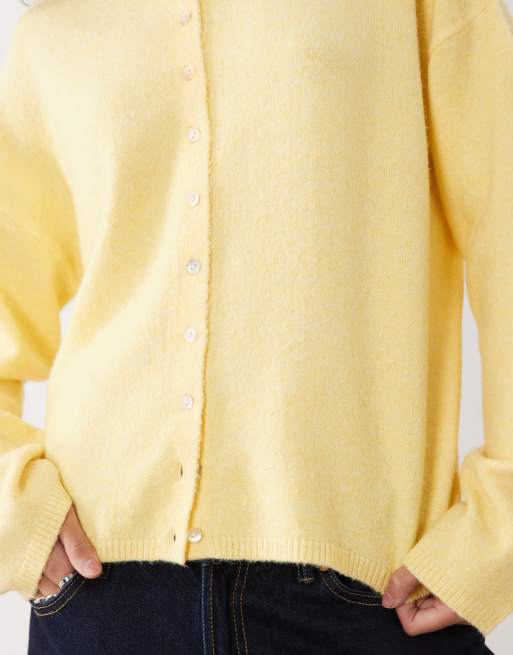 ASOS DESIGN fluffy relaxed crew neck cardigan in yellow, 3 of 4