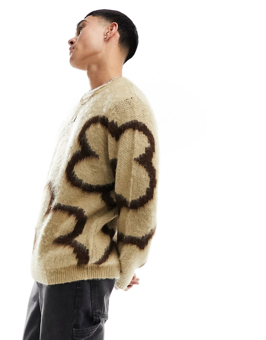 Asos Design Fluffy Relaxed Sweater In Stone And Brown Florals-neutral