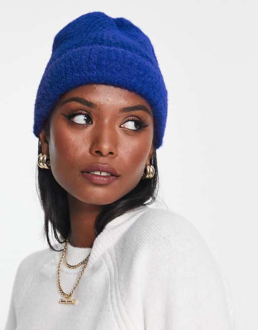 Asos Design Fluffy Rib Beanie In Cobalt Blue Asos