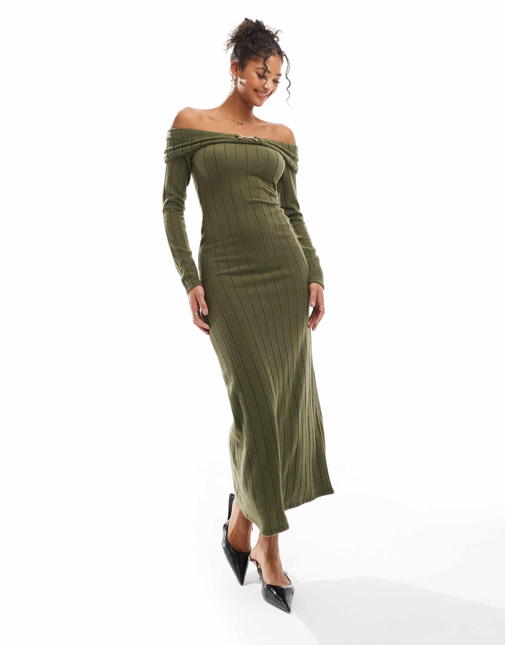 asos design fluffy rib fold over hardware maxi dress in khaki