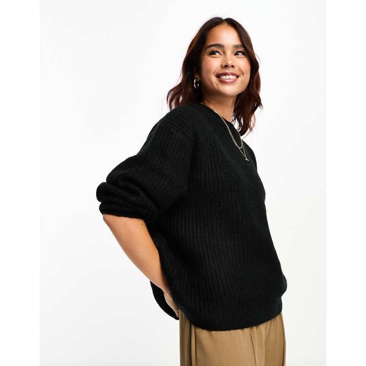 ASOS DESIGN fluffy rib jumper with crew neck in black ASOS