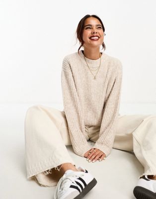 ASOS DESIGN fluffy rib jumper with crew neck in oatmeal | ASOS