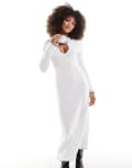 [ASOS DESIGN] ASOS DESIGN fluffy rib long sleeve keyhole corsage midi dress in white with contrast stitching S White