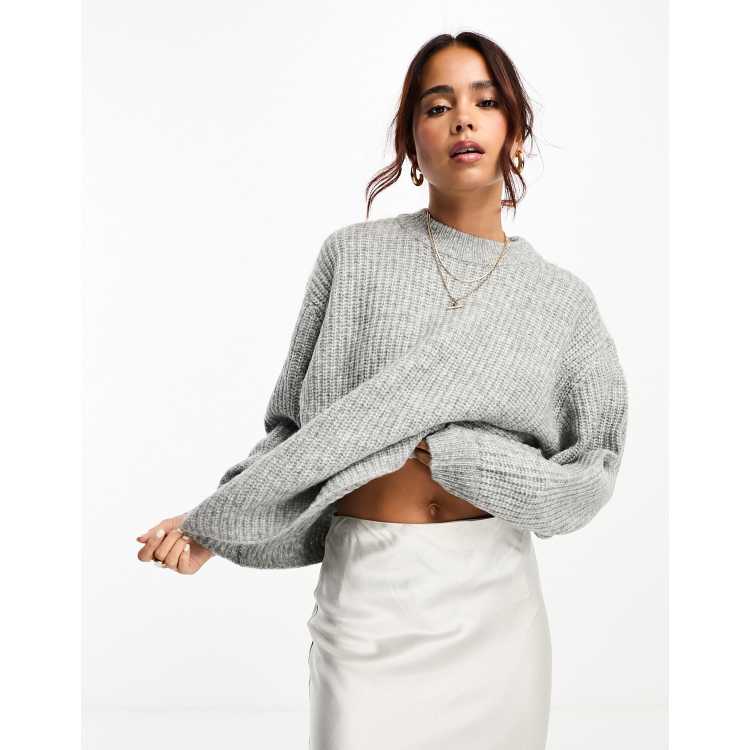 ASOS DESIGN fluffy rib sweater with crew neck in gray