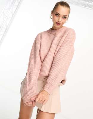 Asos Design Chunky Sweater With Crew Neck In Textured Stitch In Pink In Pink