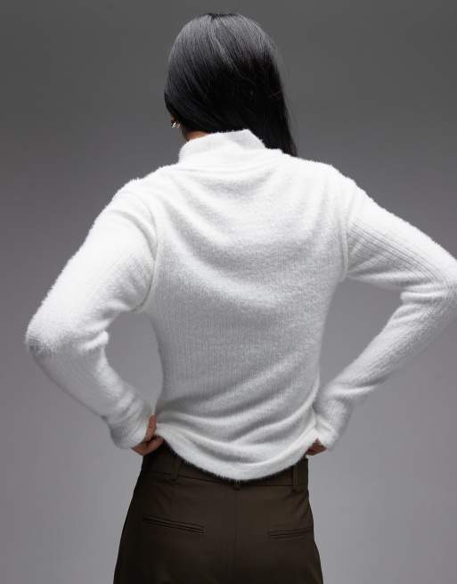 ASOS DESIGN fluffy ribbed double layer turtleneck top in white, 4 of 4