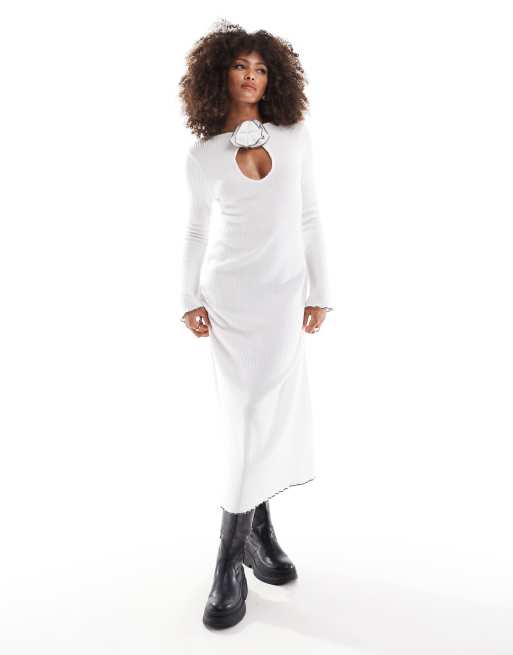 ASOS DESIGN fluffy ribbed long sleeve keyhole corsage midi dress in white with contrast stitching