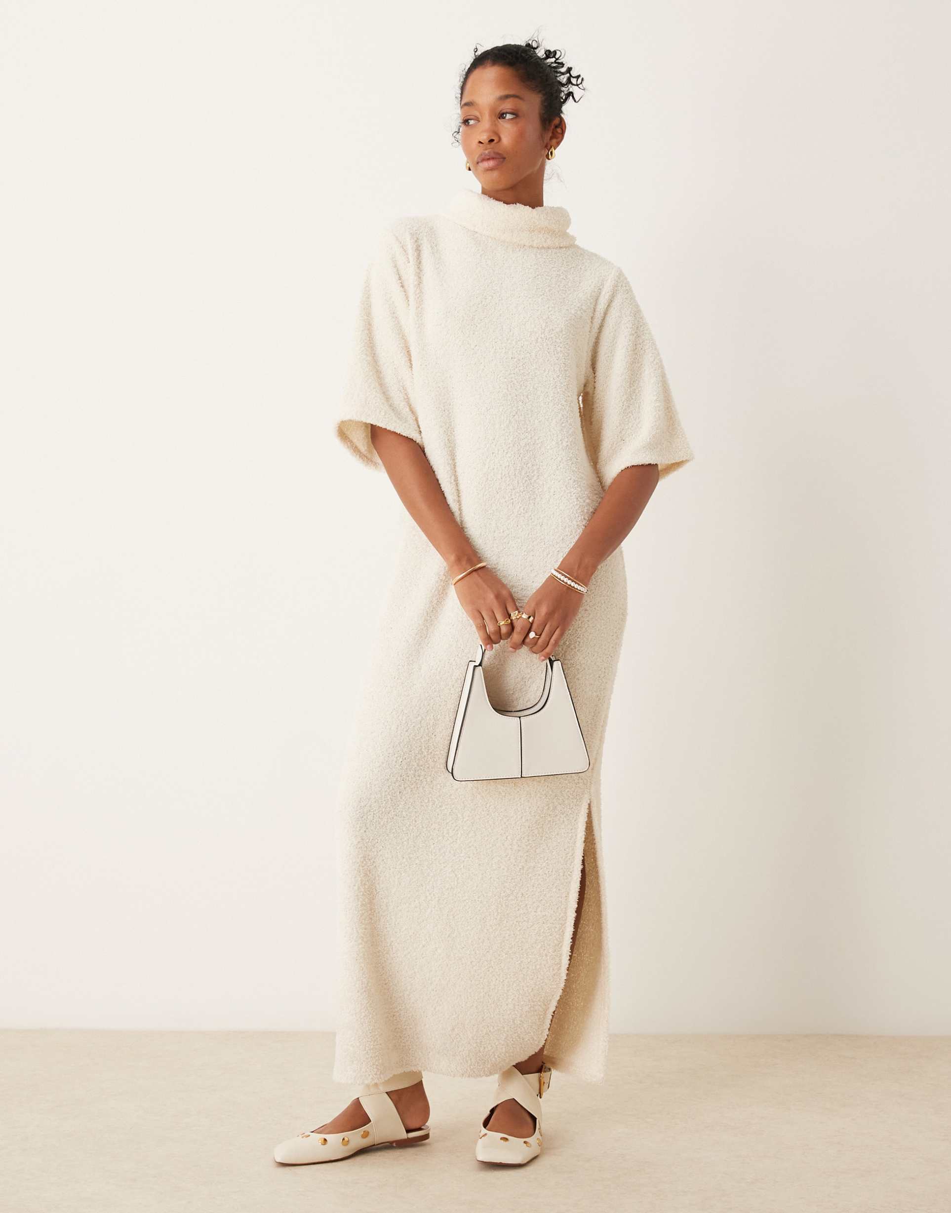 asos design fluffy roll neck boxy midi t-shirt dress in ivory