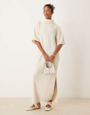 fluffy roll neck boxy midi t-shirt dress in ivory-White