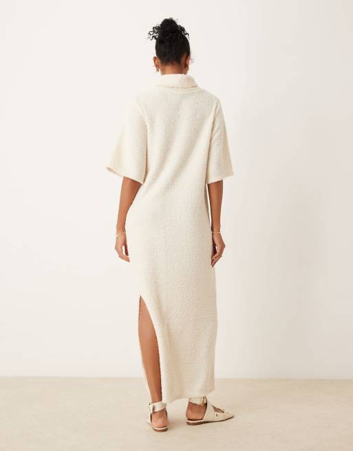 ASOS DESIGN fluffy roll neck boxy midi t-shirt dress in ivory, 3 of 4