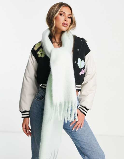ASOS DESIGN fluffy scarf in green color block 