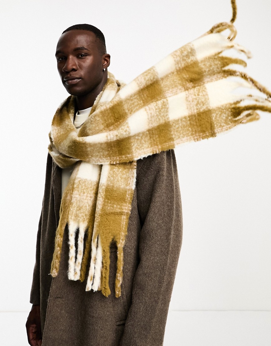 ASOS DESIGN fluffy scarf in olive check-Green