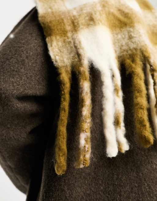 ASOS DESIGN fluffy scarf in olive check, 3 of 4