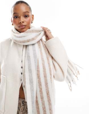 fluffy scarf with brown and gray stripe design-Multi