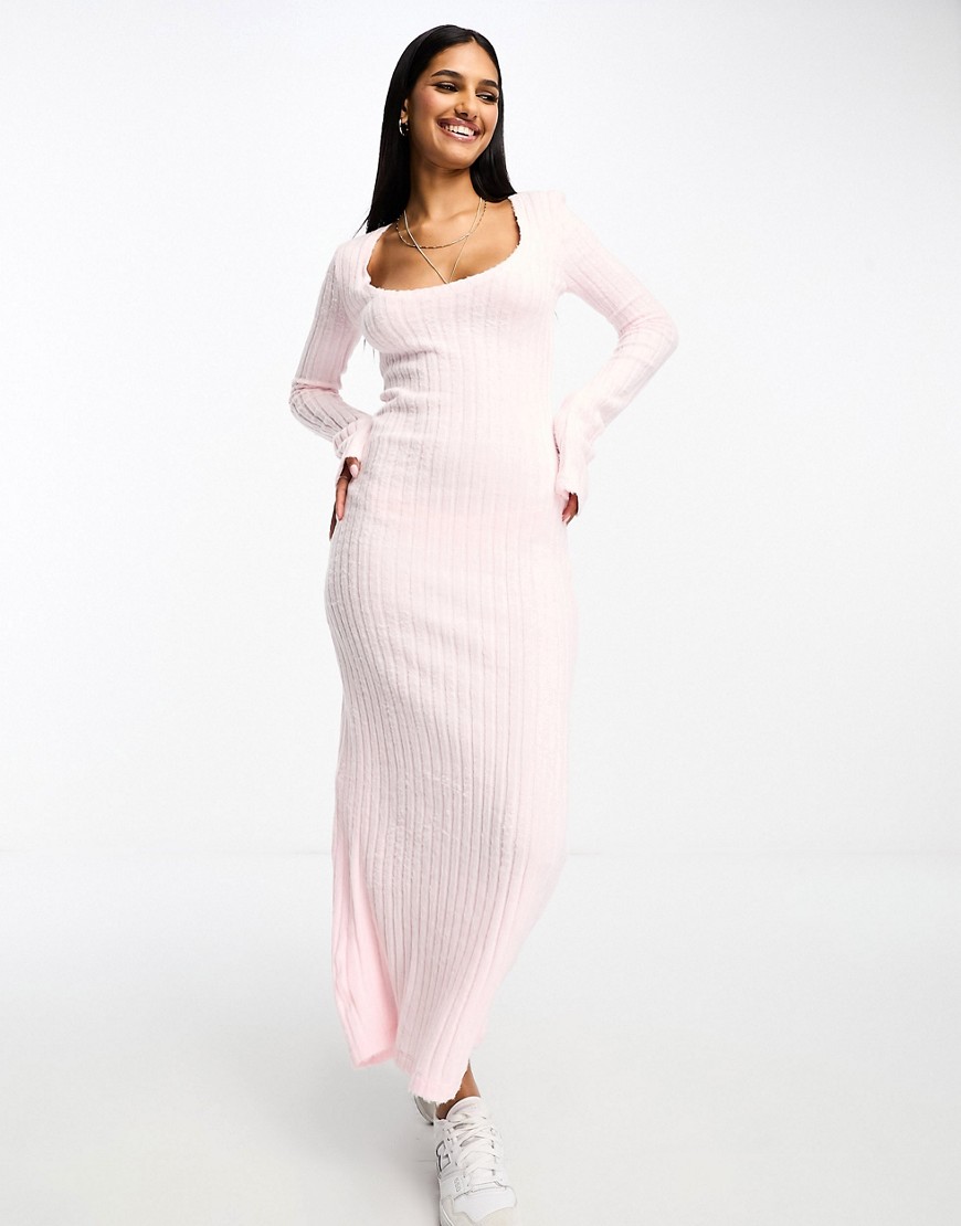 ASOS DESIGN fluffy scoop neck midi dress with flared sleeve in baby pink-Black