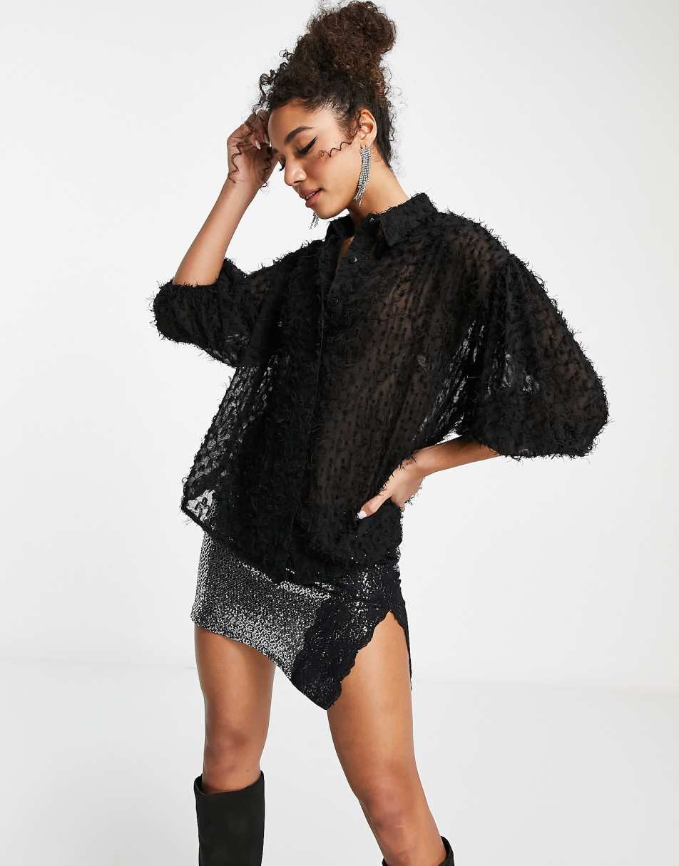 ASOS DESIGN fluffy shirt with volume short sleeve in black