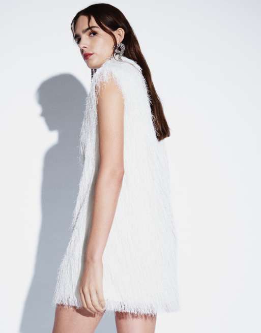 ASOS DESIGN fluffy sleeveless funnel mini dress in ivory, 3 of 4