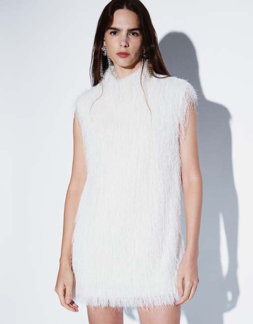 ASOS DESIGN fluffy sleeveless funnel mini dress in ivory, 4 of 4