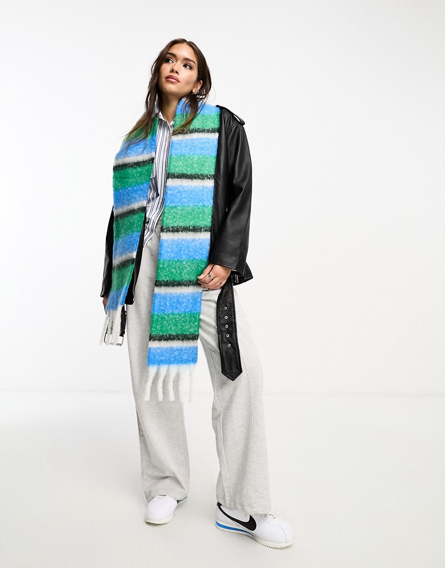 fluffy stripe skinny scarf with tassels-Multi