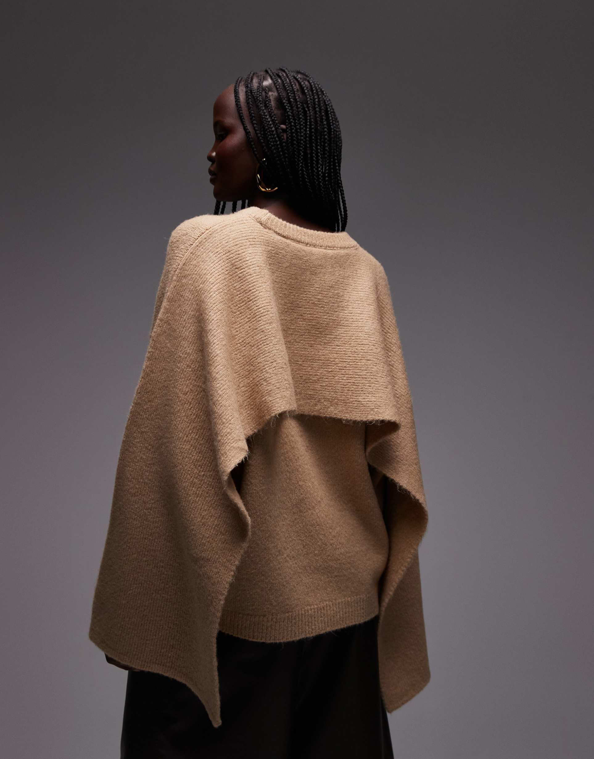 asos design fluffy sweater with cape back in mocha