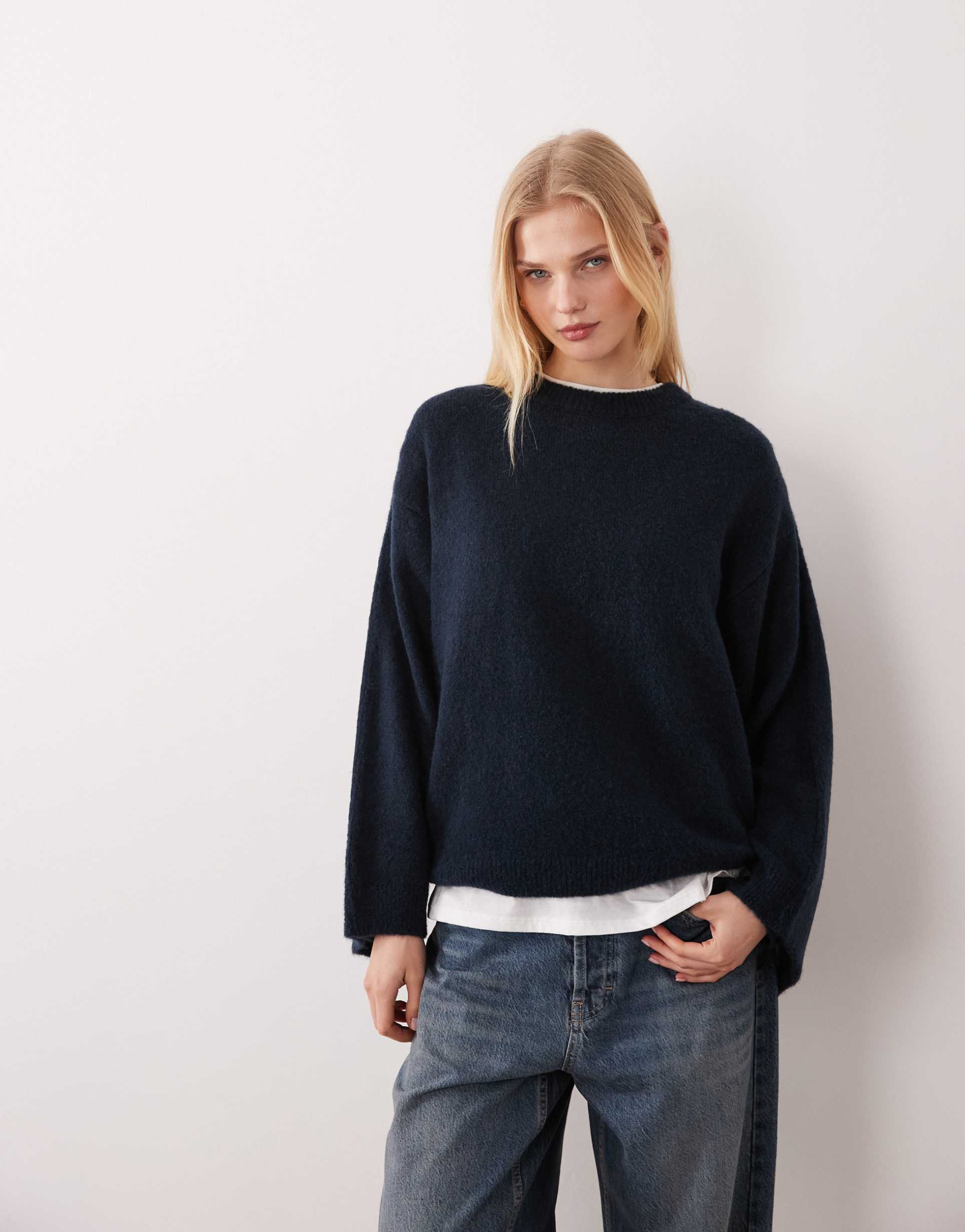 asos design fluffy sweater with cape back in navy