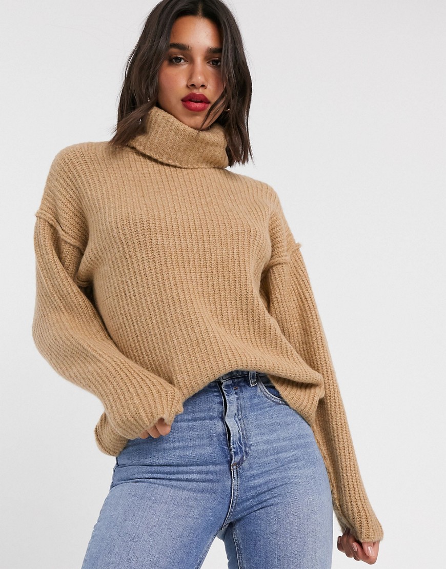 Asos Design Fluffy Sweater With Cowl Neck-stone
