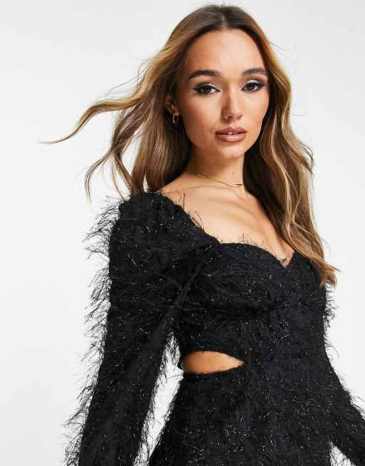 ASOS DESIGN fluffy sweetheart neckline cut out mini dress in black, 3 of 4