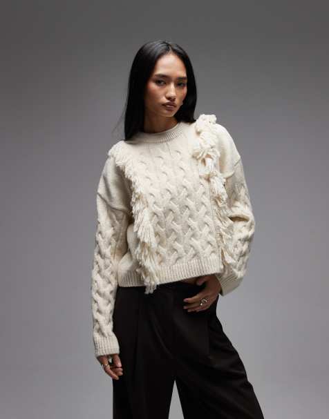 ASOS DESIGN fluffy tassel cable knit jumper in ecru - view 1