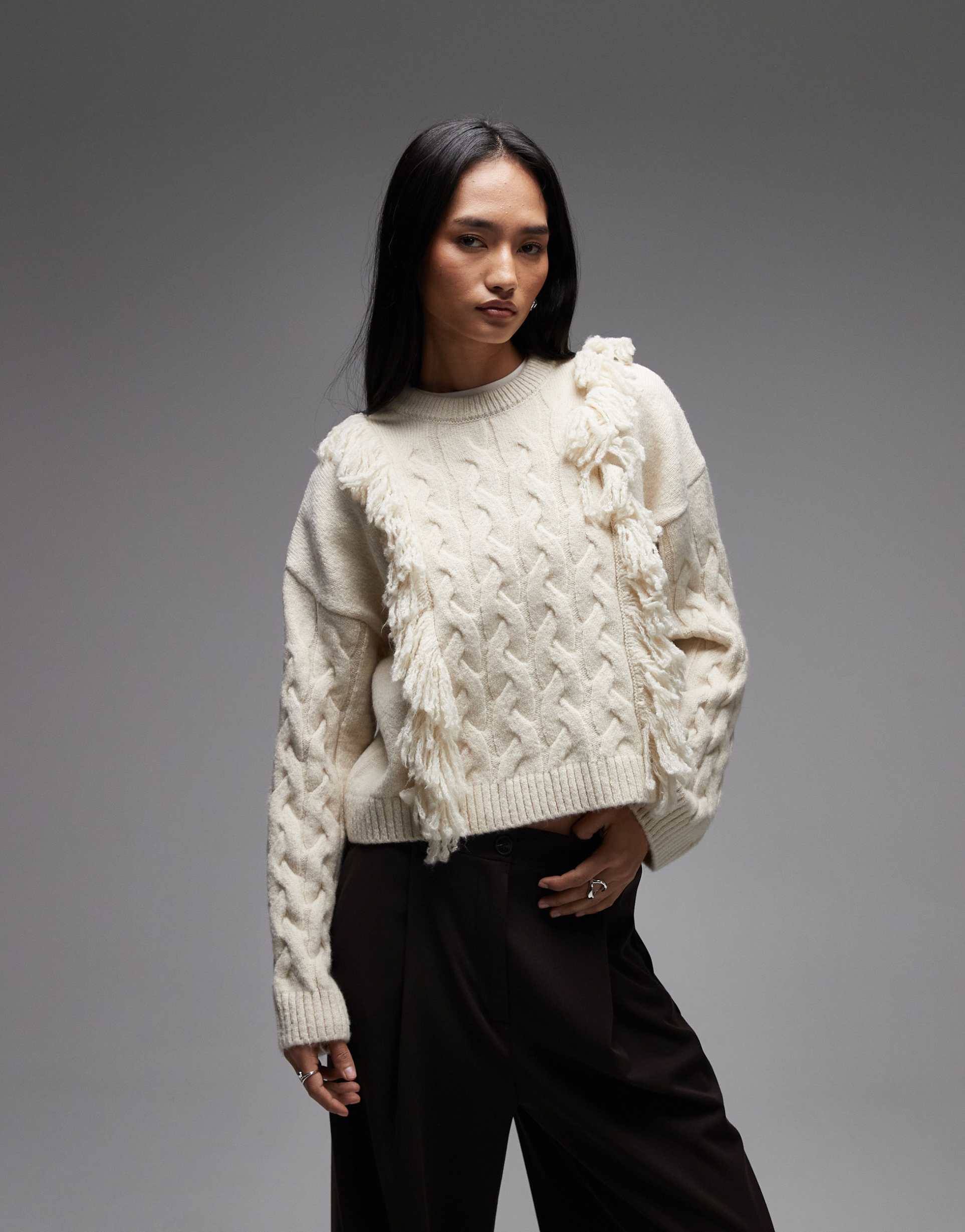 asos design fluffy tassel cable knit sweater in ecru