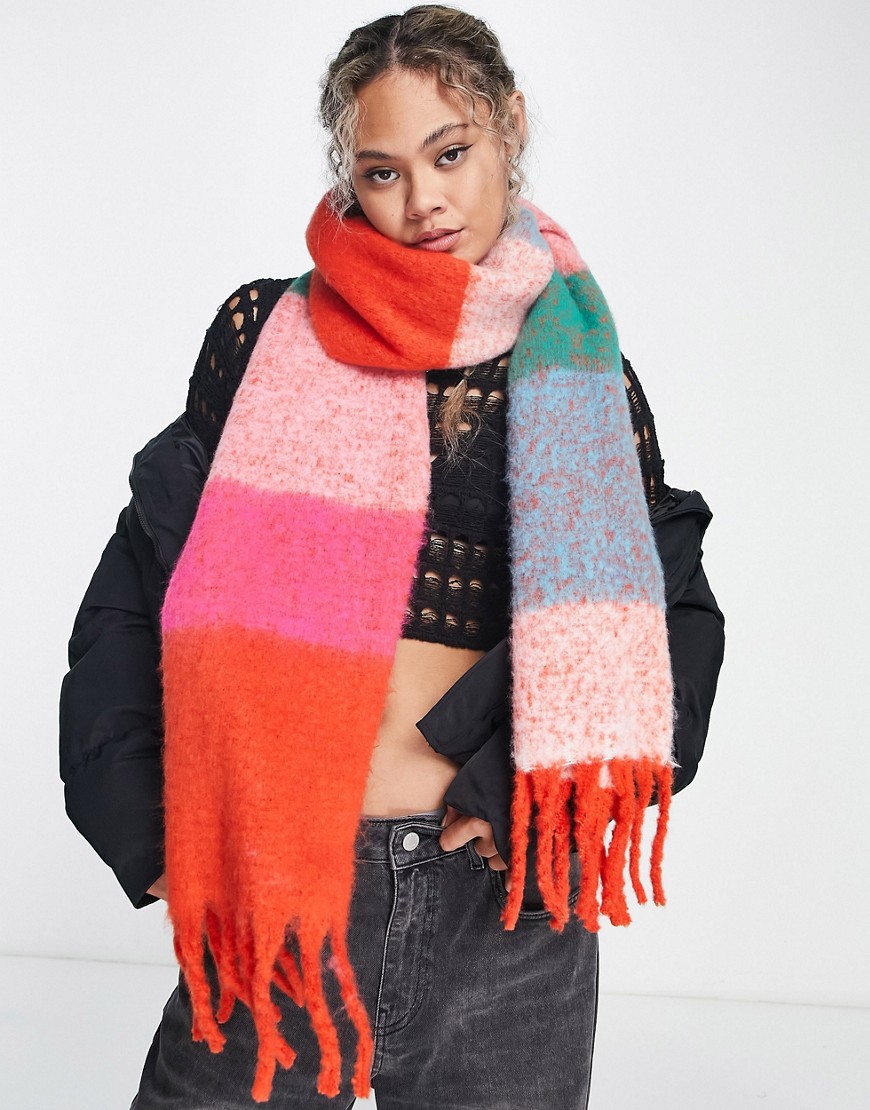 ASOS DESIGN fluffy tassel scarf in bright stripe-Multi
