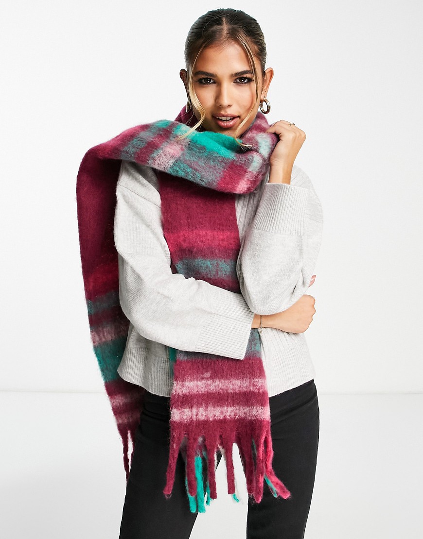 ASOS DESIGN fluffy tassel scarf in green and pink jewel check-Multi