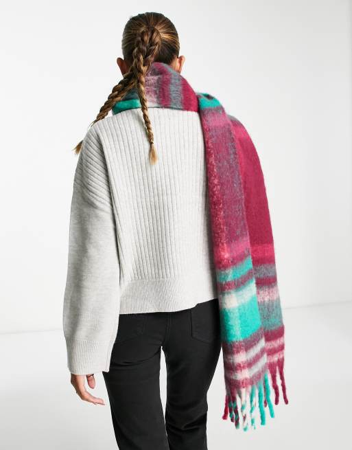 ASOS DESIGN fluffy tassel scarf in green and pink jewel check , 2 of 4