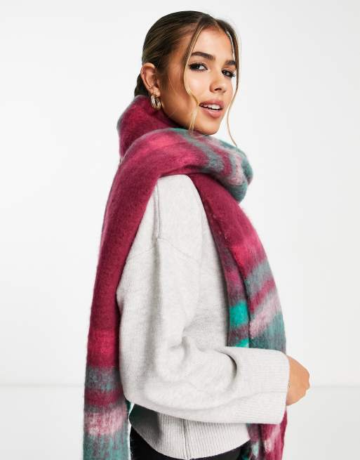 ASOS DESIGN fluffy tassel scarf in green and pink jewel check , 3 of 4