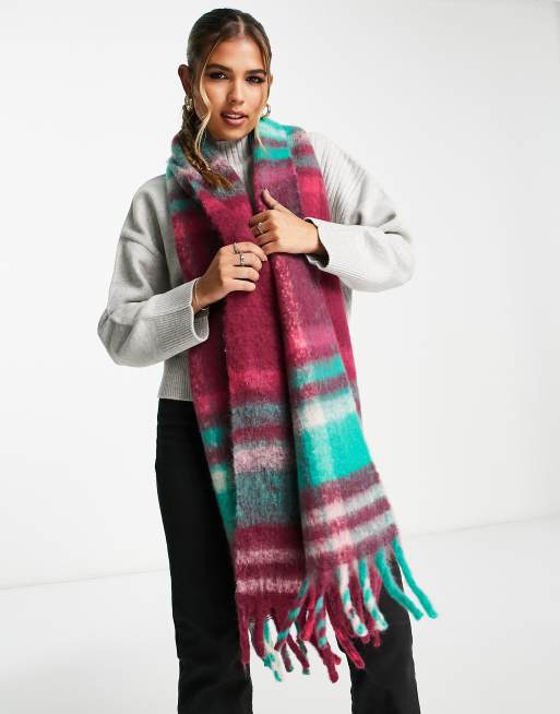 ASOS DESIGN fluffy tassel scarf in green and pink jewel check , 4 of 4