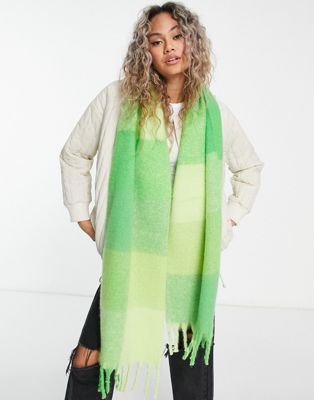 ASOS DESIGN fluffy tassel scarf in green oversized check