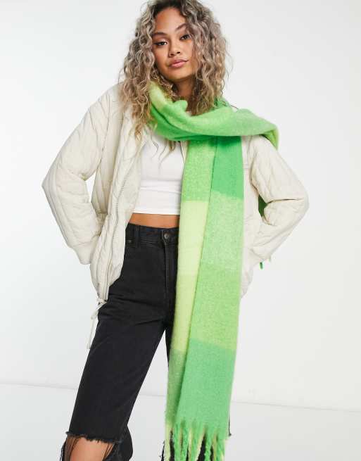 ASOS DESIGN fluffy tassel scarf in green oversized check ASOS