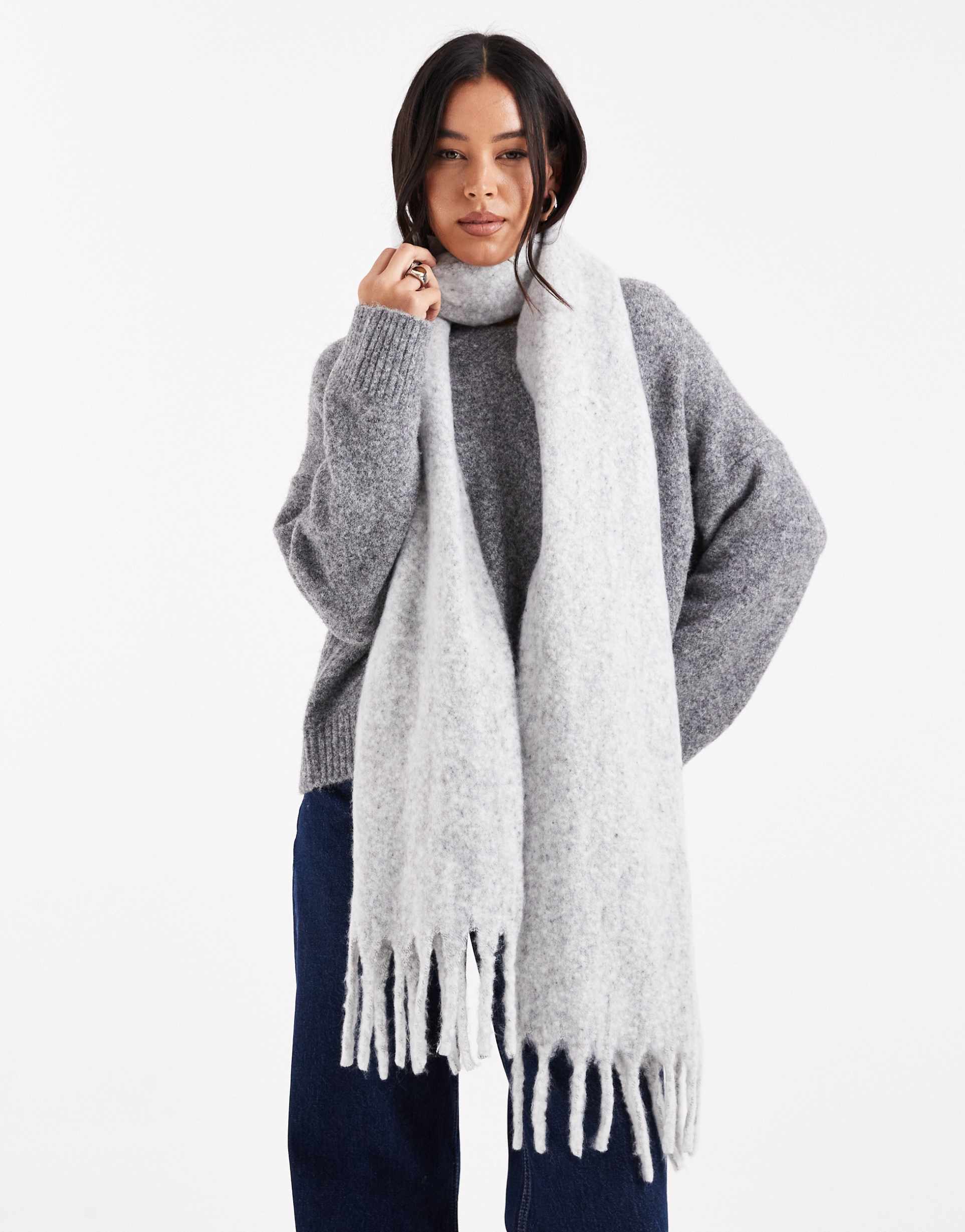 asos design fluffy tassel scarf in light gray heather